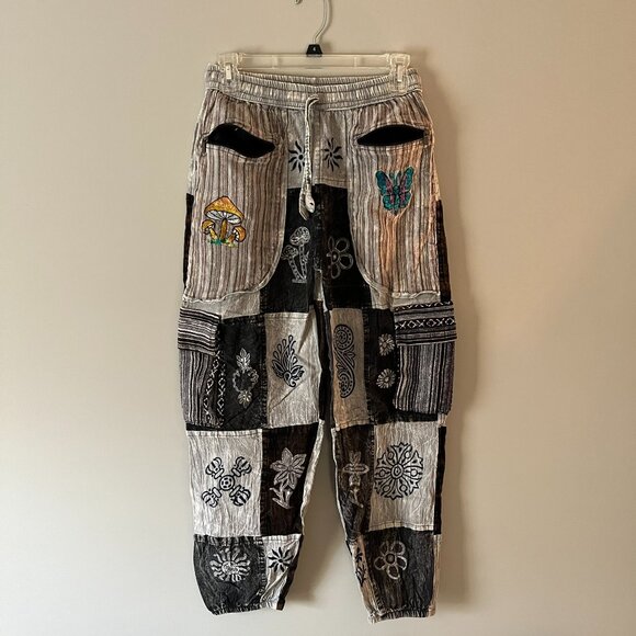 Pants - Nepal Patchwork Black/Gray/White Pants with Embroidered Designs (Size S/M)